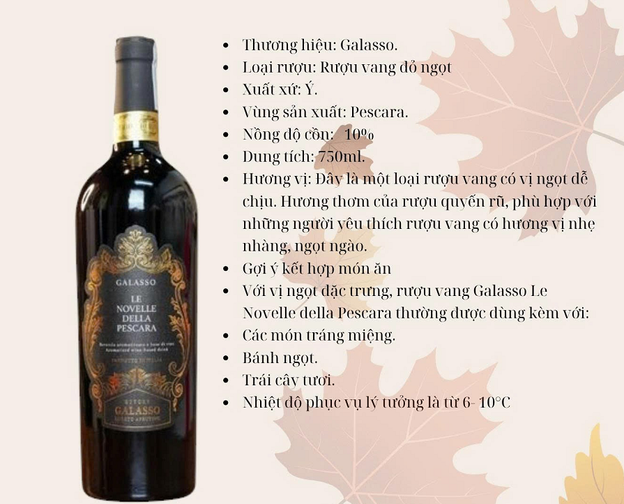 Rượu Vang Ngọt Ý Galasso Le Novelle Della Pescara 10%