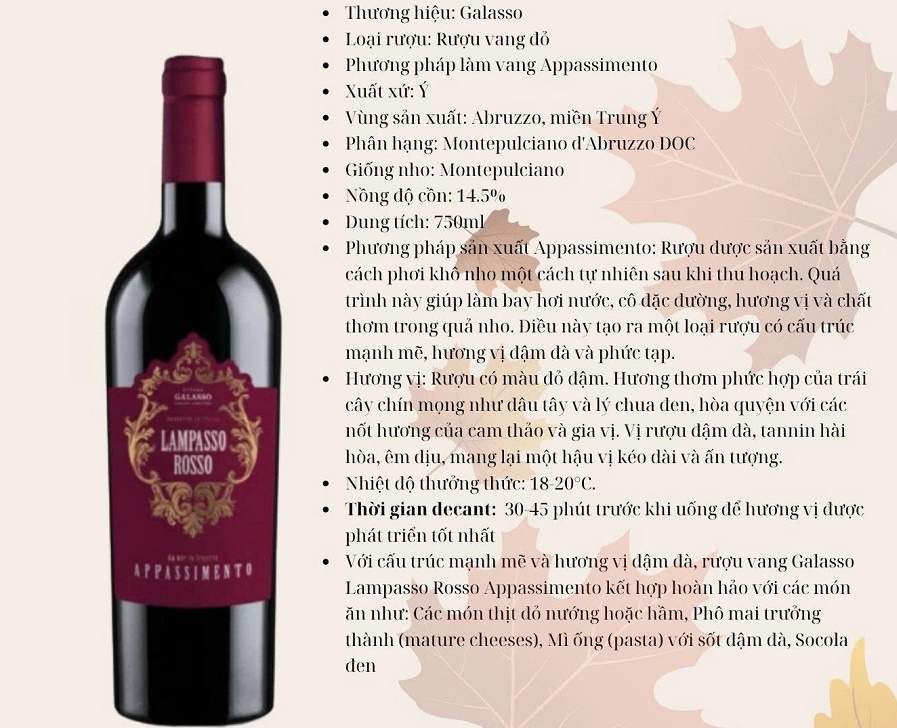 Rượu Vang Ý Galasso Lampasso Rosso Appassimento 14%